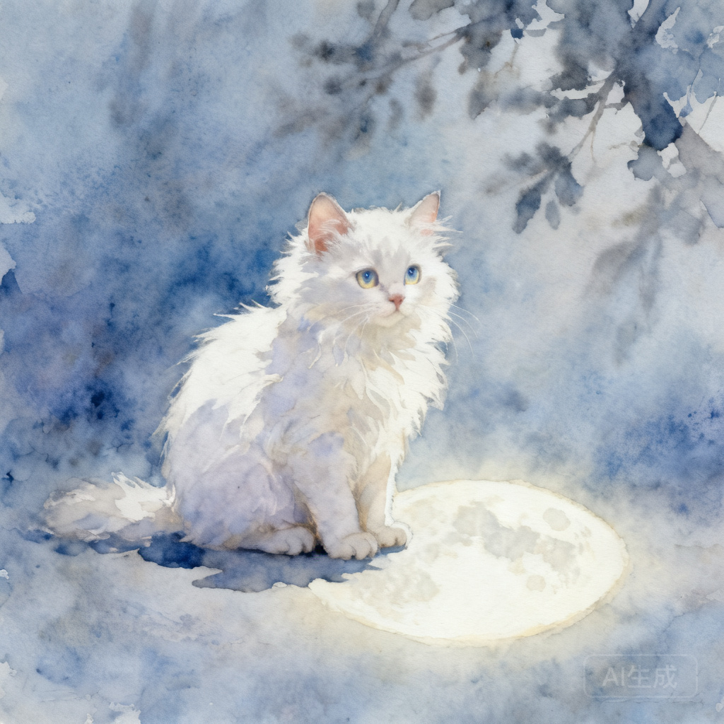 一只在月光下的白色小猫，水彩风格-尖葱